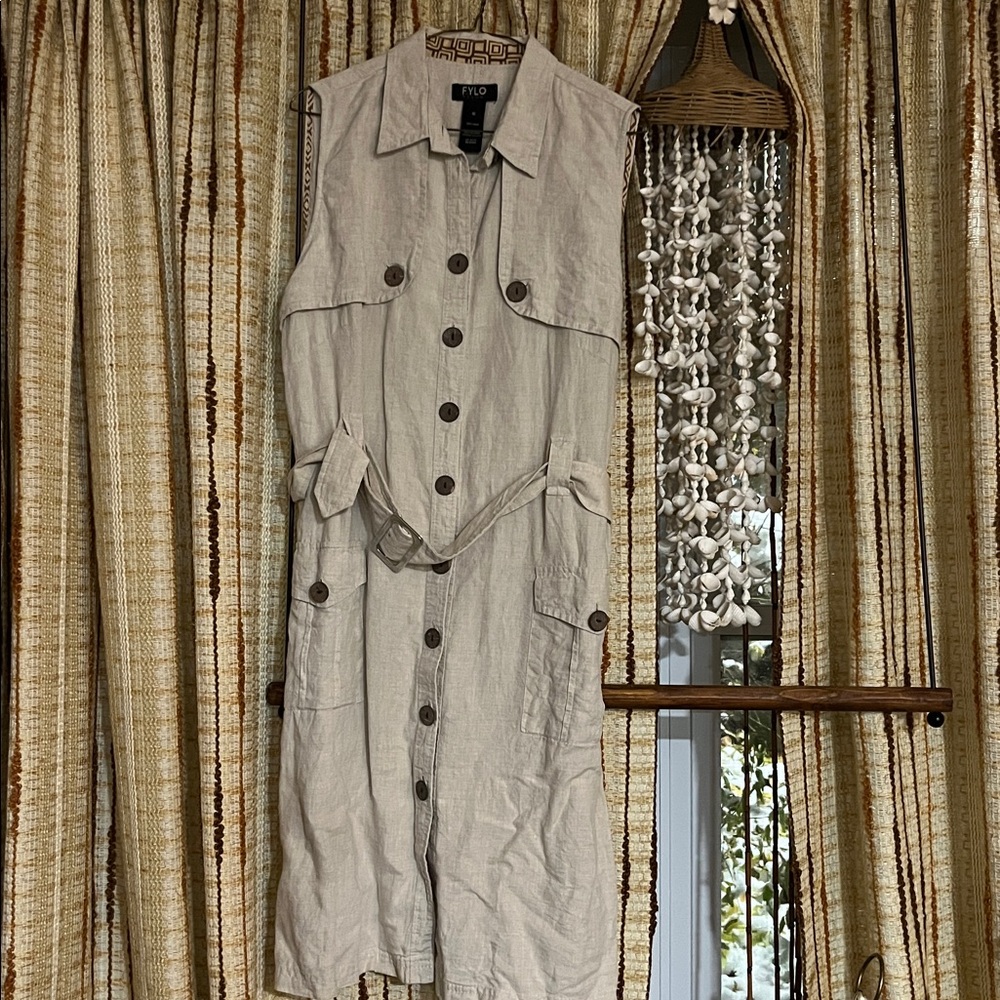 Vintage FYLO Linen Deck Dress – Neutral Utility Midi Shirt Dress